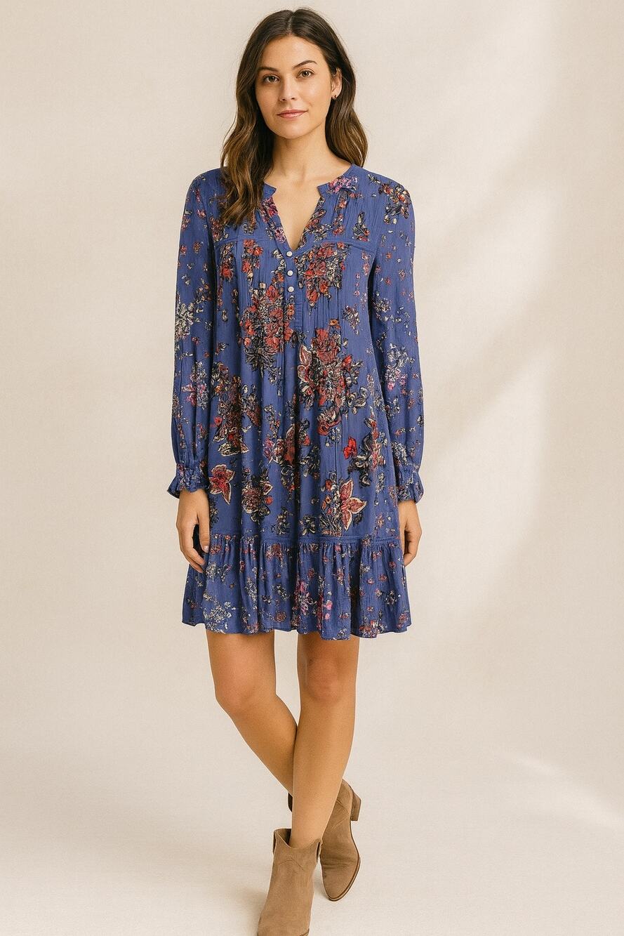 Anthropologie Diana Pintucked Boho Floral Ruffle Hem Dress Blue Small
